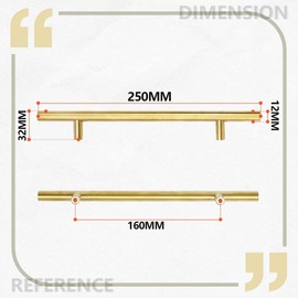 Bwintech 12 Pcs 250MM (160MM Hole Center) Gold Cabinet Pull Handles Kitchen T Bar Handles, Stainless Steel, Ideal for Cabinet, Drawer, Cupboard