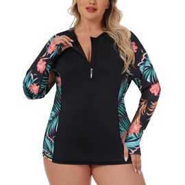 LURANEE Long Sleeve Rash Guard Women,Long Sleeve Surfing Maternity Rash Guard Swimsuit Tropical Tummy Control Bathing Suit Top Athletic Swimwear Orange Floral Leaf 3XL