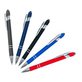 Pack of 5 Rubberized Comfort Soft Touch 2 in 1 Ballpoint Pen Capacitive Stylus Tip, Premium Metal Medium Point, Black Ink, Compatible with Most Touch Screens (Assorted)