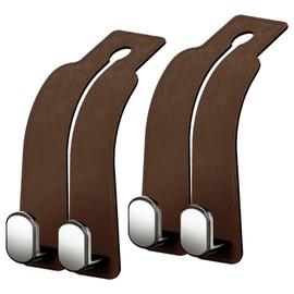 AMINOR 2 Pack Car Seats Hooks for Headrest, 2-in-1 Premium Leather Car Headrest Hanger with Metal Hooks, Car Seat Back Storage Hooks for Purses, Handbags, Phone (Brown)