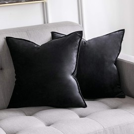 Miulee Set of 2 Velvet Cushion Covers, Flange, Wrapped Edge Cushion Covers, Decorative Sofa Cushions for the Living Room, Bedroom, 50 x 50 cm, Black