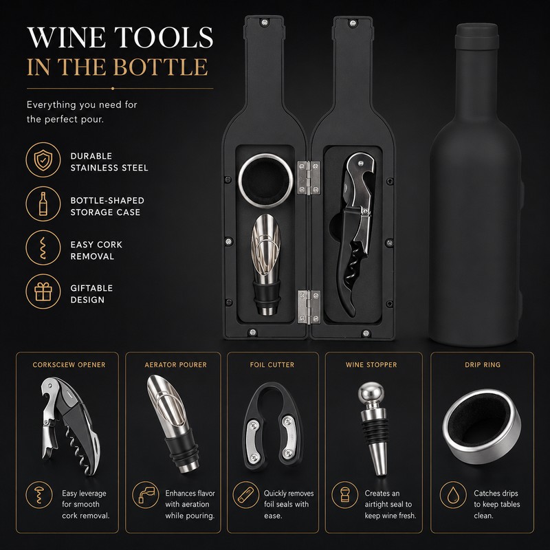 3/5-Piece Wine Opener Accessory Set – Stainless Steel Corkscrew, Foil