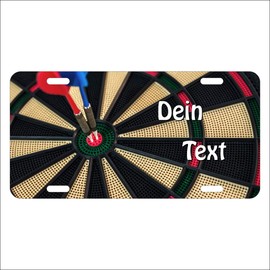 Dart Sign License Plate Type USA with Desired Text and Your Name, Aluminium Door Sign with German Text US Car Number Plate with Yellow Arrow