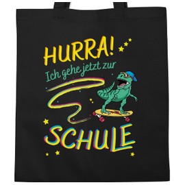 Shirtracer - Cotton Bag - First Day of School & First Day of School Gift Gym Bag - Hurra Ich gehe jetzt zur Schule - Dino Skateboard Skater, 1 black, Unit size