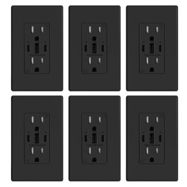 ELEGRP USB Outlets, 30W 6.0 Amp USB C Outlets Receptacles, 3-Port USB Wall Outlet, 15 Amp Tamper-Resistant Outlet with 2 USB C Ports, UL Listed, Screwless Wall Plate Included, 6 Pack, Matte Black