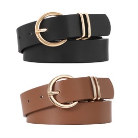 WHIPPY 2 Pack Women's Leather Belts for Jeans Dresses, Fashion Gold Buckle Ladies Waist Belt, Black+Light Coffee, S:Fit Waist Size 25-31 inches