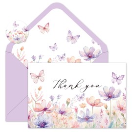 Whaline 24 Pack Butterfly Floral Thank You Cards Purple Pink Blank Note Cards with Envelope Sticker Greeting Cards for Spring Wedding Birthday Bridal Shower