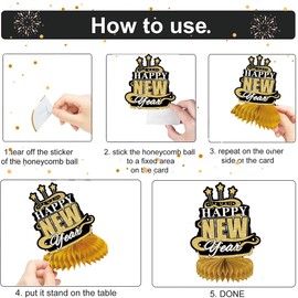 New Year Decorations 2026 – Black & Gold Happy New Year Banner with Honeycomb Centerpieces, Glitter NYE Party Decoration Set for Home, Office & New Year’s Eve Celebrations