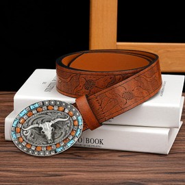 Btilasif Western Cowboy Leather Belts for Men- Longhorn Bull Floral Pattern Engraved Turquoise Buckle Belts for Jeans 33" to 38" Waist, Brown