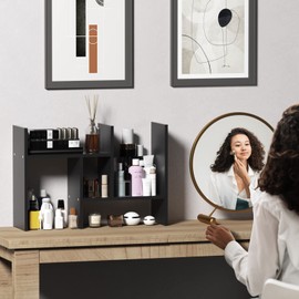 TY ARTS & CULTURE - Expandable Wood Desktop Storage Organizer Multipurpose Desk Bookshelf Display Shelf Rack Counter Top Bookcase for Office Home | Black