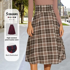 MGizo DtiSpectrum Plaid Pleated Skirts for Women - Vintage Button Front High Elastic Waist Tartan Midi Length A-line Flared Pleated Kilt, red