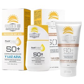 FOTOSUN UV 100 Fluid Protect Protector Solar Facial Fotoprotector Luz Azul 50+ FPS UVA UVB Consistencia Liquida Rápida Absorción Alta Protección Resistente al Agua Uso Diario (KIT: FLUID + ADAPTIVE COLOR)