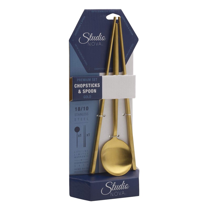 Studio Nova Gold 18/10 Stainless Steel Chopstick Spoon Set, 3-Piece,