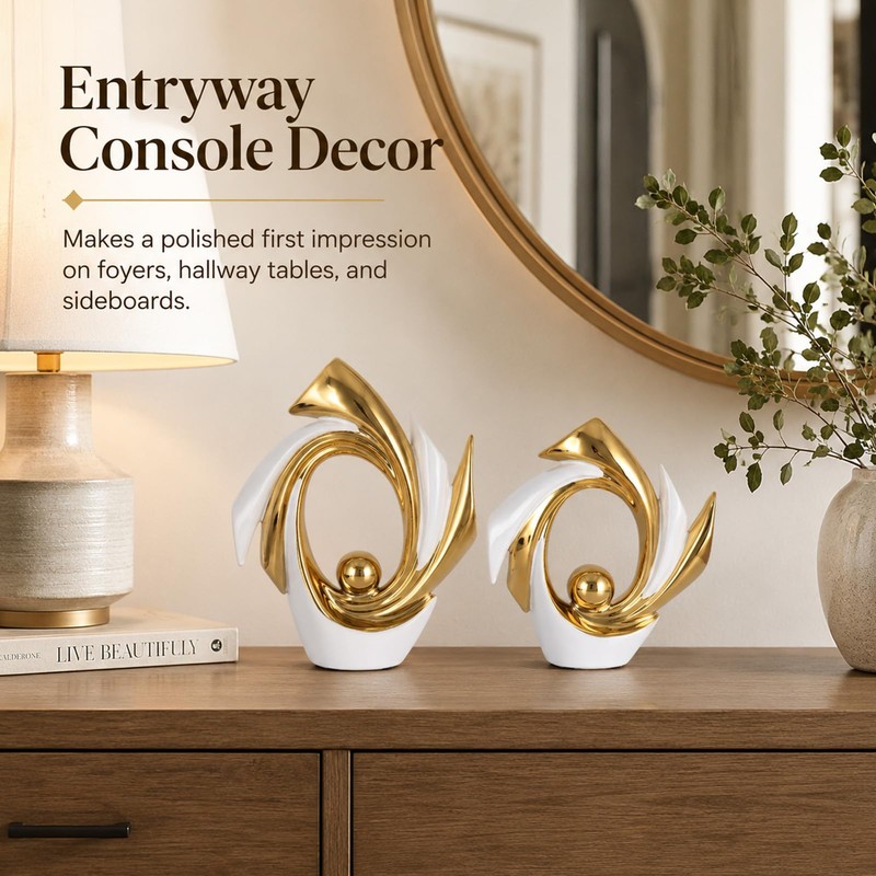 White and Gold Abstract Ceramic Sculpture Set of 2, Modern