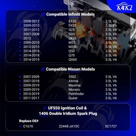 UF550 Ignition Coil & 1406 Double Iridium Spark Plug for Nissan Altima Maxima Murano Pathfinder Quest 350Z/Infiniti EX35 FX35 G25 G35 JX35 M35 M35h Q50 Q70 QX60 3.5L V6 C1670 22448-JA10C 5C1727