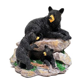 Mother Bear & 2 Cubs on Rock Decorative Figurine, 4.5-inches, Black