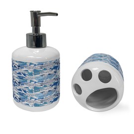 Ambesonne Tropical Soap Dispenser & Toothbrush Holder Set, Hawaiian Theme Wild Cat Prints and Palm Trees Silhouettes Illustration, Ceramic Bathroom Toiletry Accessories, 2 Pcs, Dark Sky Blue White