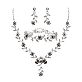 BriLove Women's Wedding Jewellery Set Leaf Cluster Flower Crystal Dangle Earrings Pendant Necklace Link Bracelet for Bridal Bride Grey Silver-Tone