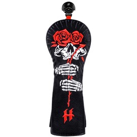 Golf Club Head covers Hybrid Utility Rescue with Interchangeable Number Tag 23456 UT Elastic Closure Black PU Leather Skull Rose Pattern