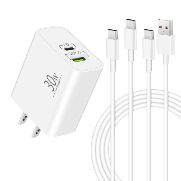 MatauMahi 30W Type C Rapid Charger and 2 x 2m Type C Cable, 2 Port (USB C, USB A) AC Adapter/Outlet, Fast Charger for PD3.0, QC3+, PPS, etc. Compatible with Type-C Mobile Chargers, Smartphones