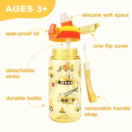 wooshwa Kids Water Bottle for School or Travel, 20 Oz 2 Pack Durable Plastic Water Bottle with Silicone Straw and Pop-Up Spout Cover, BPA Free & Dishwasher Safe(Excavator & Dinosaur)