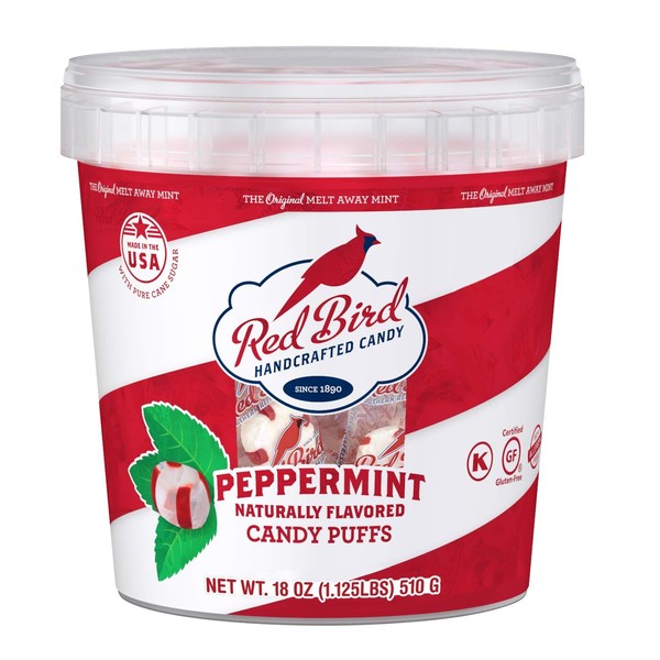 Red Bird Soft Peppermint Puffs, 18 oz Bucket of Individually Wrapped Candy, Non-GMO Verified, Kosher