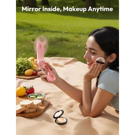 Aecooly Slim Portable Fan with Mirror, Thin Handheld Fan, USB Rechargeable Mini Personal [24H Max Cooling Time], Battery Powered Small Foldable Pocket for Travel, Lash, Makeup, Gifts for Women -Pink