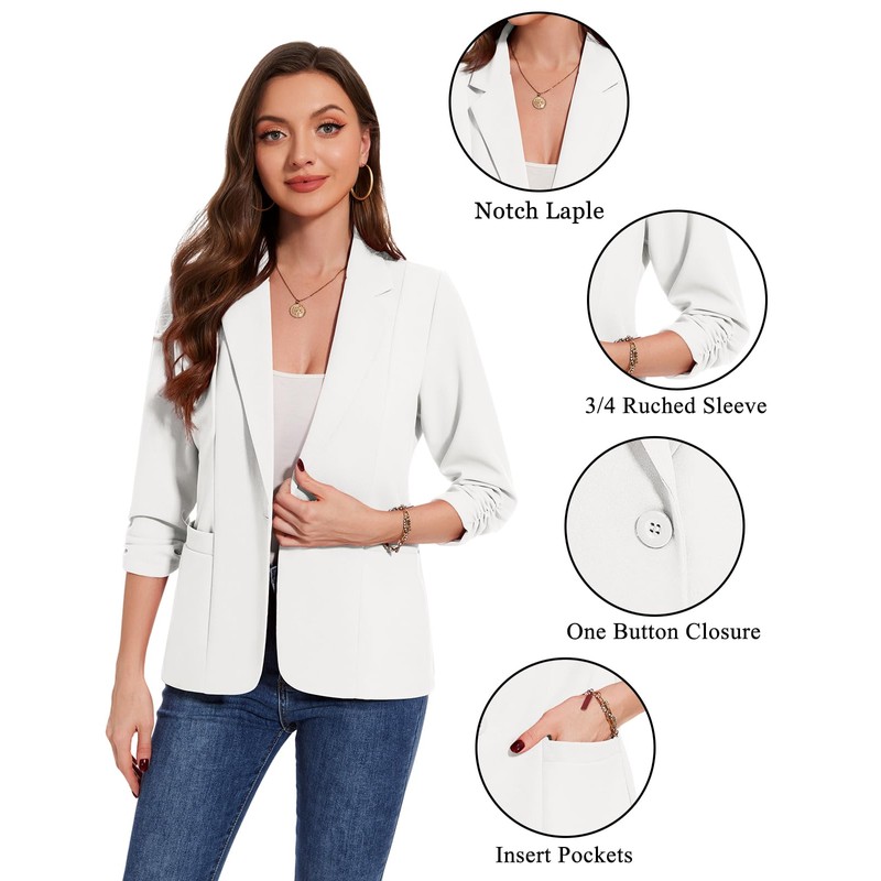 MINTLIMIT Women's White 3/4 Ruched Sleeve Blazer One Button Notch