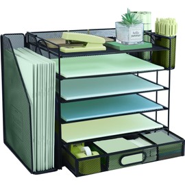 Organizador de archivos de escritorio de 6 niveles con clasificador de archivos vertical extra, bandeja de papel para cartas con soporte superior para