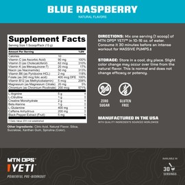 MTN OPS Yeti Trail Packs Pre-Workout Powder Energy Drink with Creatine, 200mg Caffeine & BCAAs with Beta Alanine, 20-Single Servings, Blue Raspberry