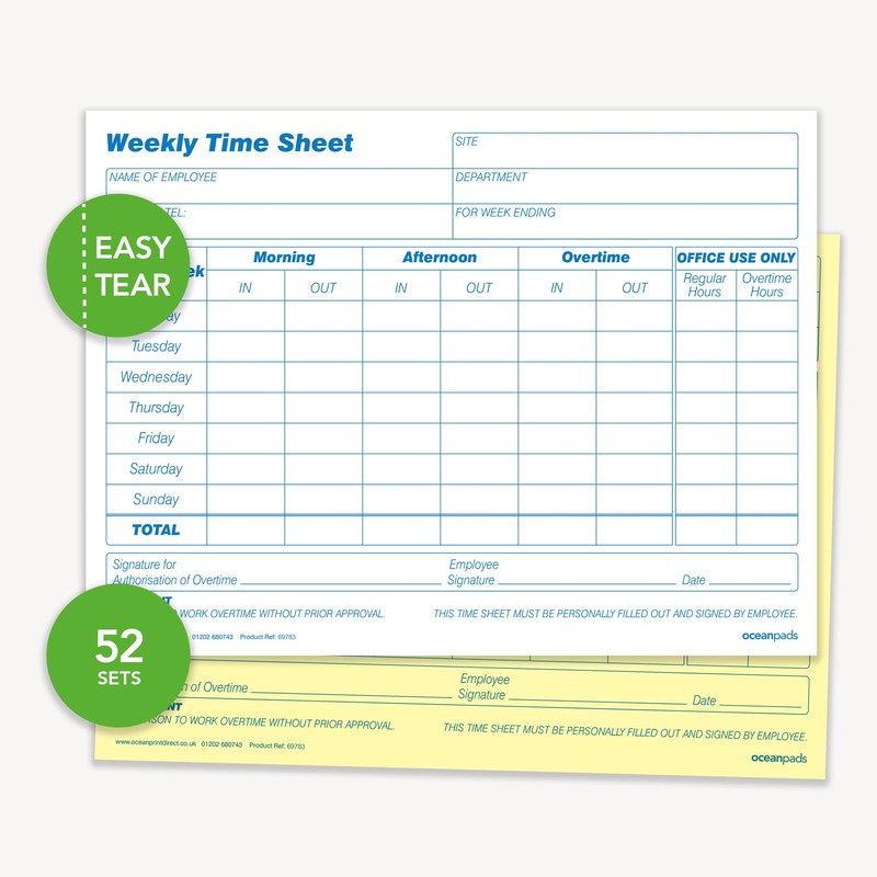 Weekly Employee Time Sheet Pad, Duplicate, A5 2-Part Carbonless Paper