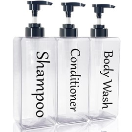 Shampoo and Conditioner Dispenser(Clear, Set of 3, 27oz)- Refillable & EmptyShampoo and Conditioner Bottles- Body Wash Dispenser Set-Modern Shampoo Bottles for Shower Soap