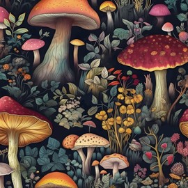 BOKEBEVE Mushroom Wallpaper Peel and Stick Floral Contact Paper Vintage Wall Paper for Chest of Drawers TV Stand Bookcase Removable Waterproof Dark Black 17.5 x 78.5In