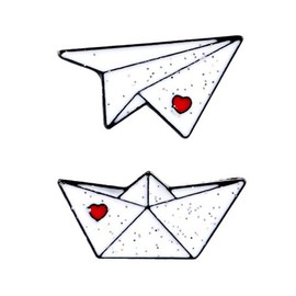 Miniblings Set of 2 Paper Ship Paper Plane Brooch Pin Aviator Boat Origami White Heart Enamelled Ship Sea Plane Maritime School School - Handmade Fashion Jewellery I Lapel Pin Button Pins, Metal