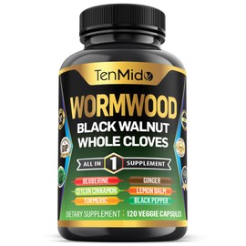 Tenmido Wormwood Capsules Supplement for Men and Women, 9in1 Formula with Black Walnut, Whole Cloves, Berberine, Ceylon Cinnamon & More - Digestive, Immune Support - Nutrient Rich - 120 Capsules
