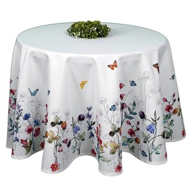 Table Cloth Table Cloth Round 130, 150, 170 cm Spring Summer Wool White Colourful Flowers and Butterflies (130 cm)