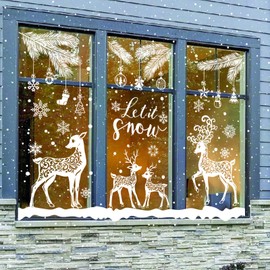 JarThenaAMCS 6 Sheet Large Winter Window Clings White Christmas Snowflake Reindeer Pine Branch Reusable Window Decals for Xmas Holiday Party Home Glass Decor