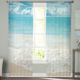 Ocean Beach Theme Sheer Curtains 63 Inch Length 2 Panels Set for Living Room/Bedroom, Tropical Sea Sky View Beach House Theme Semi Curtain Sheers Drapes Rod Pocket Curtains Window Treatment Set