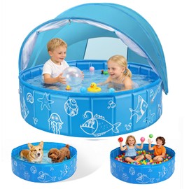 Foldable Kiddie Pool with Removable Canopy, 47in Portable Kids Swimming Pool for Baby Toddler, Summer Water Play Pool with Mosquito for Outdoor Backyard Beach