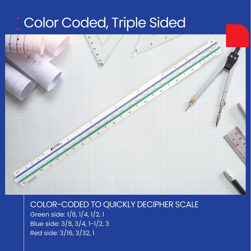 Better Office Products Triangular Ruler, 12 Inch Metal, Triple Sided