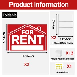 ComboJoy For Rent Sign with H-Stake - 2-Pack Extra Large For Rent Signs, 24x16" Double Sided Rent Signs with 12 Arrow Stickers & Adhesive Pads, Weatherproof Corrugated Plastic Yard Kit and Supplies