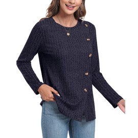 GRECERELLE Ladies Jumpers Long Sleeve Tops for Women UK Crew Neck Lightweight Knit Womens Jumpers Button Front Slit Tunic (Navy Blue, L)