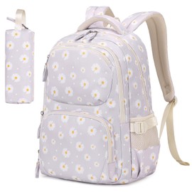 Girls backpack, School Backpacks for Girls with Pencil Case Set School Bags Kawaii Bookbag for Elementary Midde School, Age 6-14, Gray Daisy