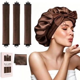Tubos para Cabello Sin Calor: 3 Piezas Heatless Curls con Gorro de Satin para Dormir y Bufanda de Seda Suave, Gorro de Satin, Sin Daños, Regalos para Mujeres (Marrón oscuro)
