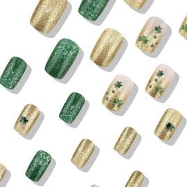 LBPEPAMZ 24Pcs St. Patrick's Day Press on Nails Short Medium Square Fake Nails with Green Shamrock Design Glitter Gold Gradient French Tips False Nails Green Bling Full Cover Stick on Nails for Women