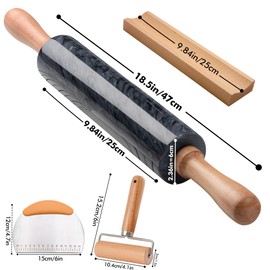 18.5 inches Marble Rolling Pin,Large Non-Stick Dough Roller,for making pizza, cookies,pie crusts, and pasta.with Silicone Pastry Mat,Stainless Steel Scraper,and Small Wooden Roller Pin(Black)