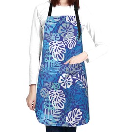 Perinsto Hawaii Blue Flowers Waterproof Apron With 2 Pockets Tropical Aloha Pattern Kitchen Chef Aprons Bibs For Cooking Baking Painting Gardening Grooming