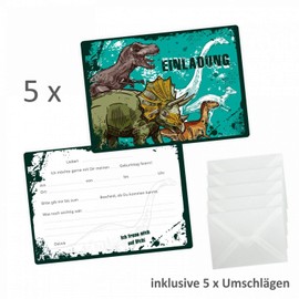 nikima Schönes für Kinder T-Rex Triceratops Dinosaur Invitation Cards with 5 Transparent Envelopes Pack of 5