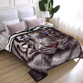 JYK Soft Fleece Bed Blanket King Size 5.7 LB, Korean Style 2 Ply Reversible Fluffy Flannel Blanket Microfiber, Warm Cozy Blanket for Autumn, Winter 83x91 Inches - Black White Tiger/Tiger Stripes