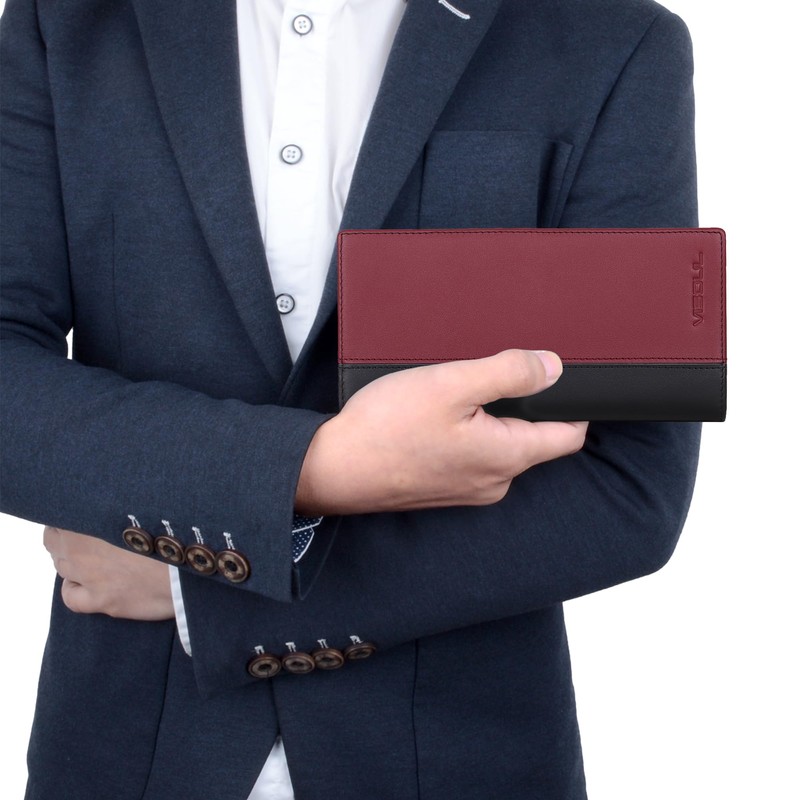 VISOUL Leather Long Checkbook Bi-fold Wallets with Zipper Pocket for